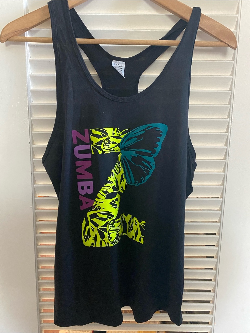 Zumba Fitness Black Tank Top with Neon Yellow, Teal & Purple Graphic
